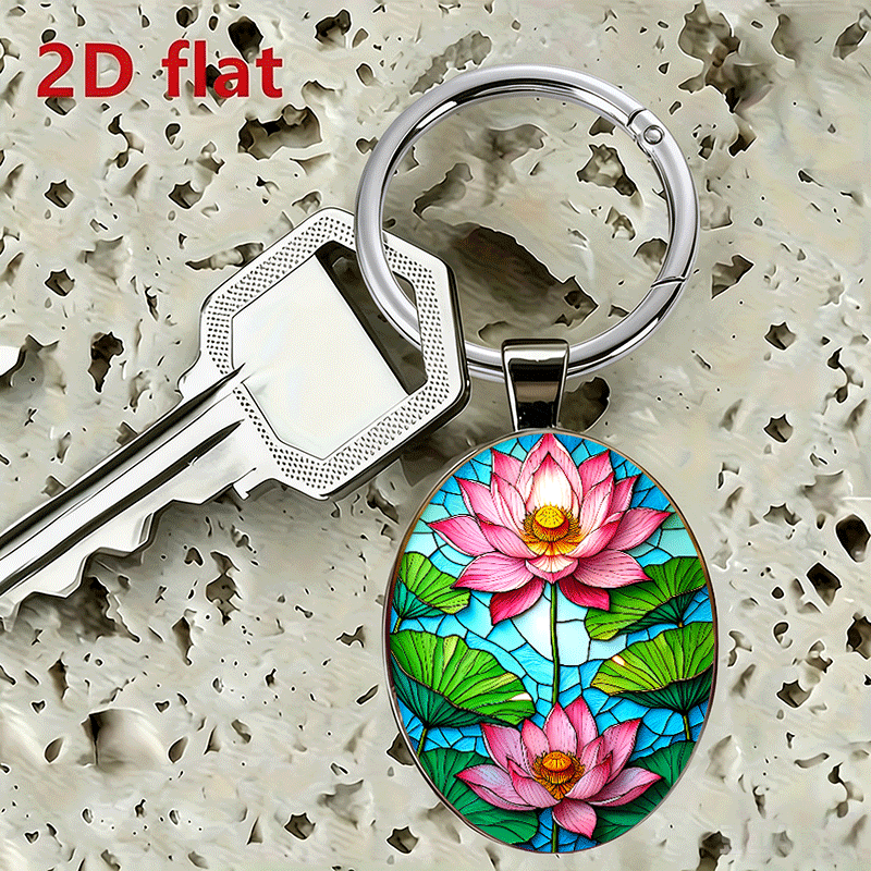 Zen-Inspired Blooming Pink Lotus & Faux Emerald Keychain